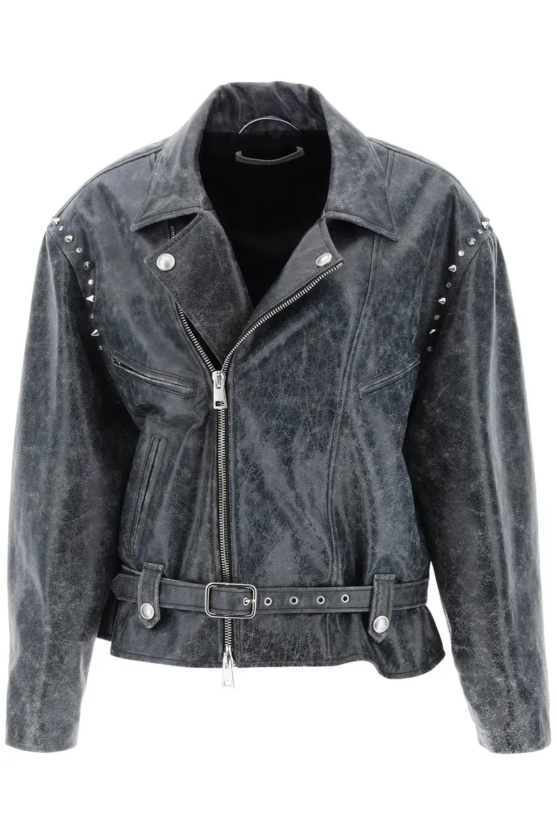 Alessandra Rich    Alessandra Rich Oversized Leather Jacket With Studs And Crystals