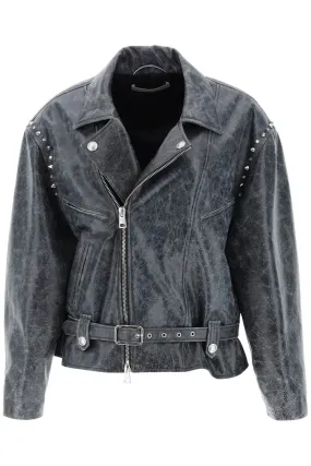 Alessandra Rich    Alessandra Rich Oversized Leather Jacket With Studs And Crystals