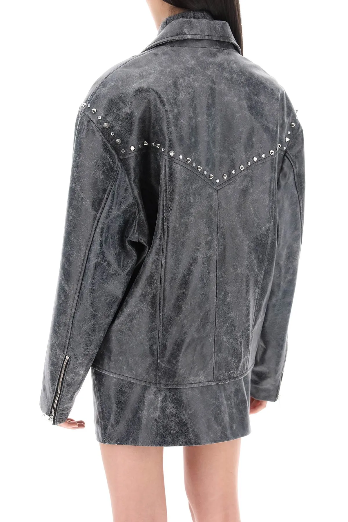 Alessandra Rich    Alessandra Rich Oversized Leather Jacket With Studs And Crystals