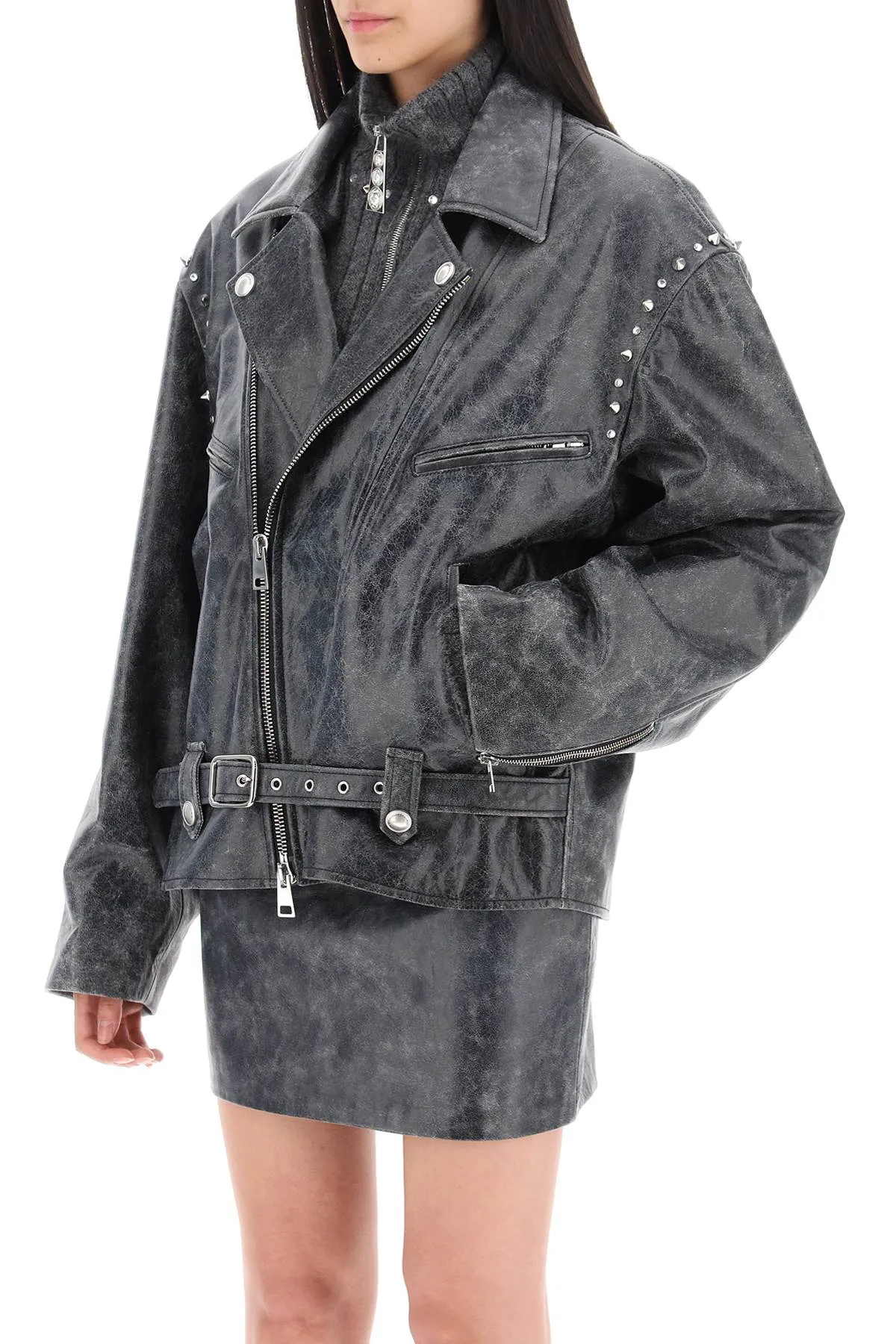 Alessandra Rich    Alessandra Rich Oversized Leather Jacket With Studs And Crystals