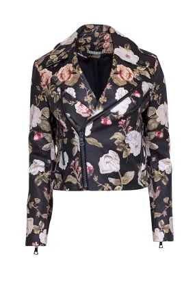 Alice & Olivia - Washed Black Floral Print Cropped Moto Jacket Sz S