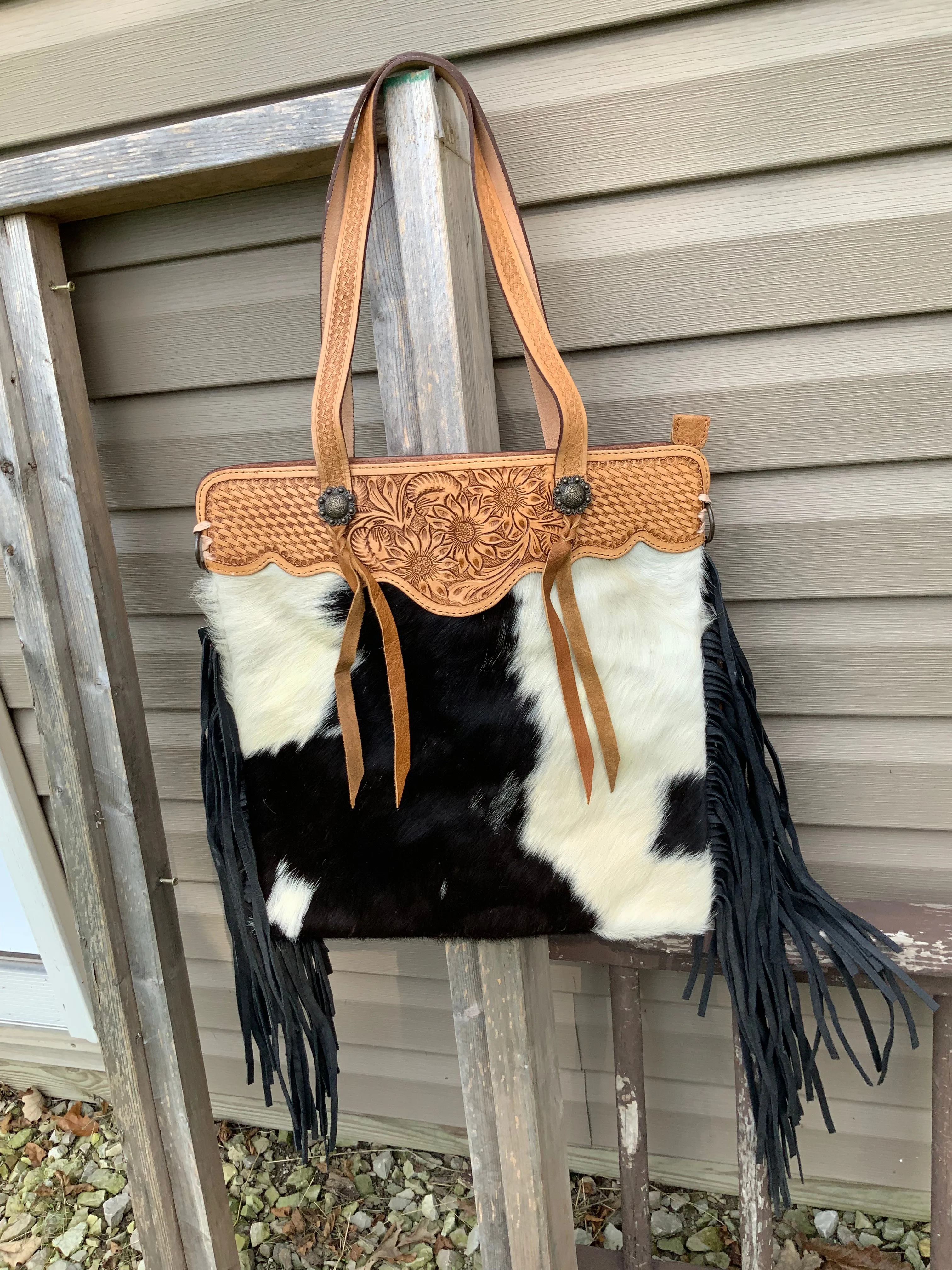 American Darling Black Cowhide w/ Tooled Trim & Fringe Shoulder Bag ADBGS113BKW