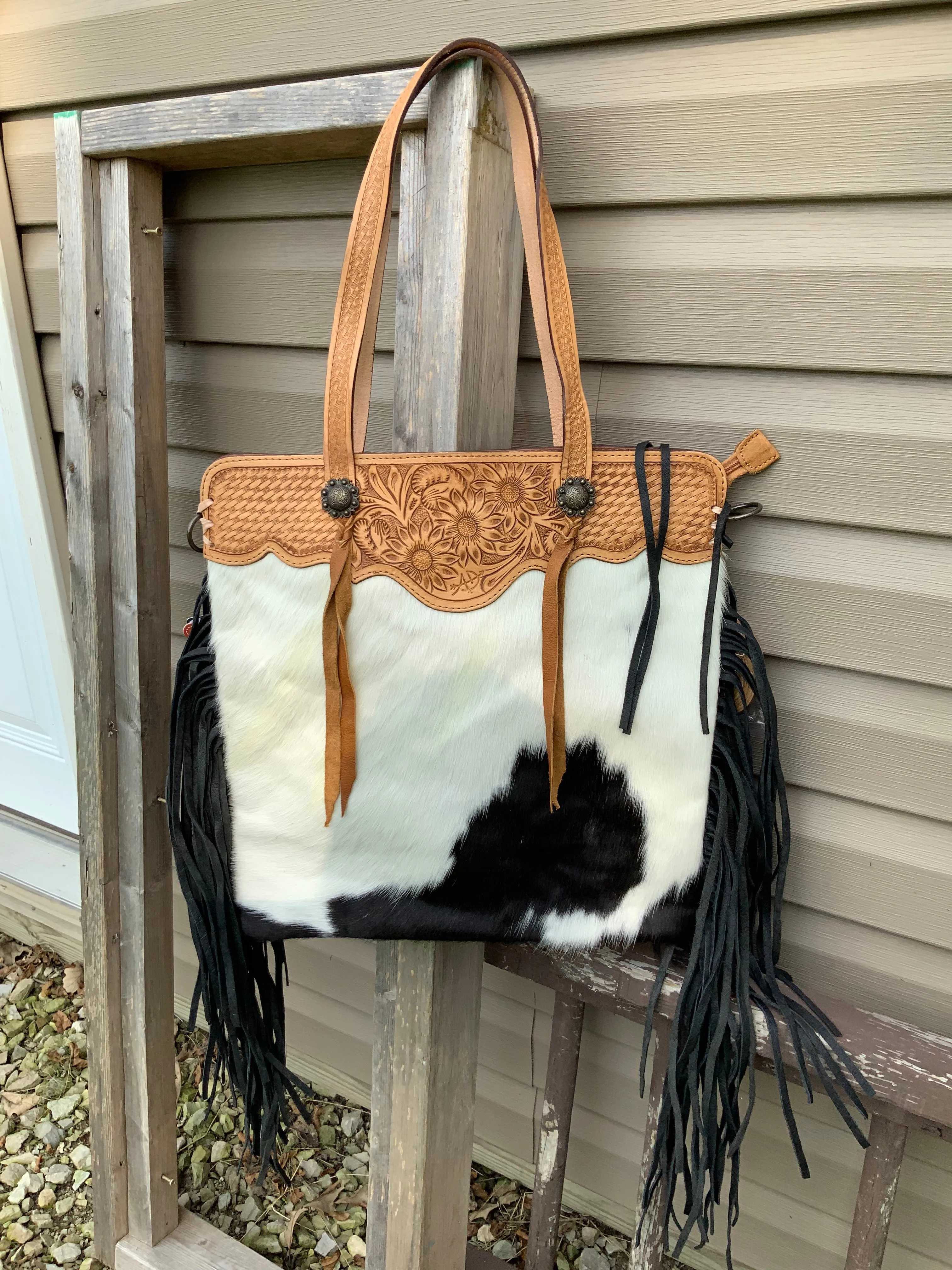 American Darling Black Cowhide w/ Tooled Trim & Fringe Shoulder Bag ADBGS113BKW