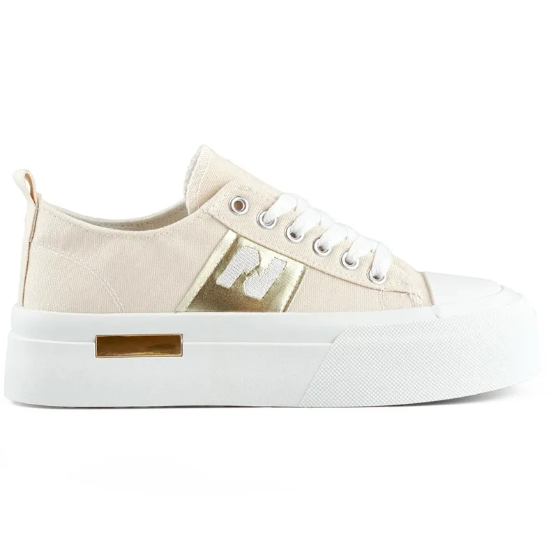 Beige fashionable women's sneakers with a thick platform sole