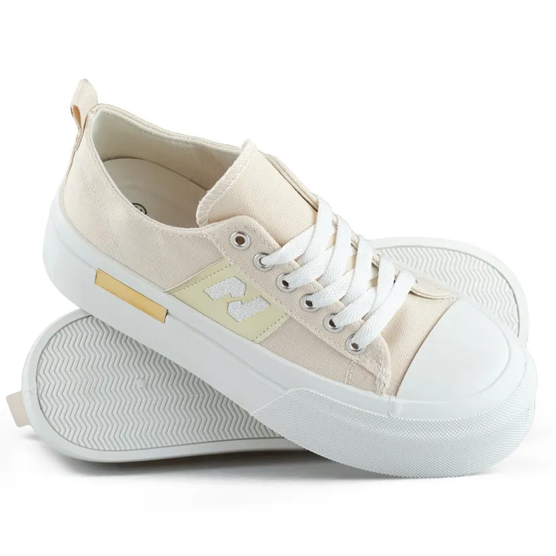 Beige fashionable women's sneakers with a thick platform sole