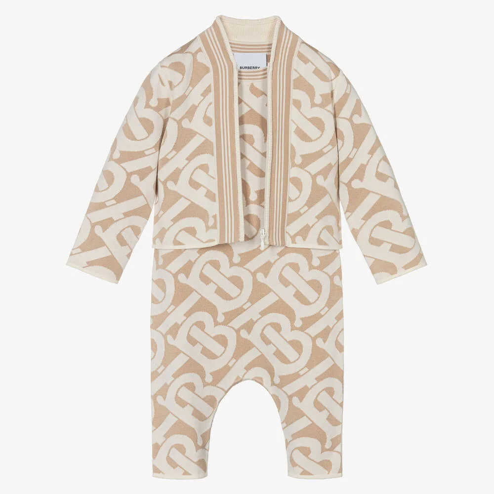 Beige Monogram Baby Romper Gift Set