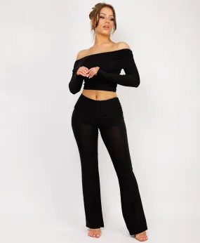 Black Flare Trousers And Off Shoulder Top Fold Detail Set