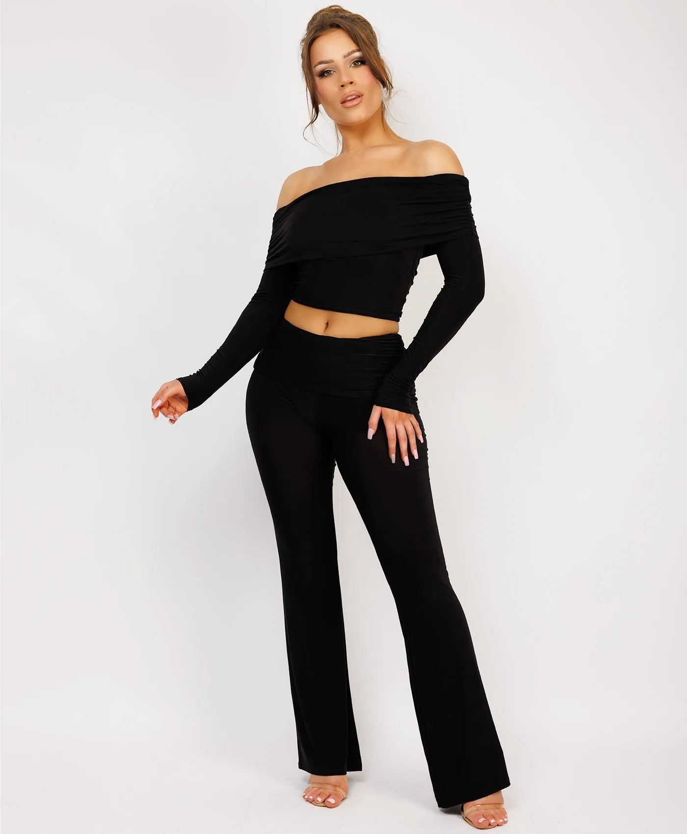 Black Flare Trousers And Off Shoulder Top Fold Detail Set