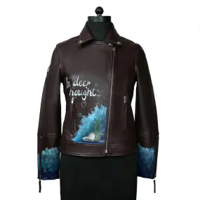 Black Handwritten Aquatic Inspired underwater Hand Painting Ladies Leather biker style Jacket By Brune & Bareskin