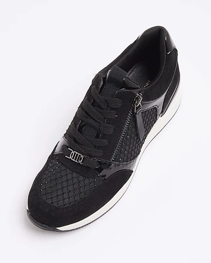 Black mesh panel zip wedge trainers