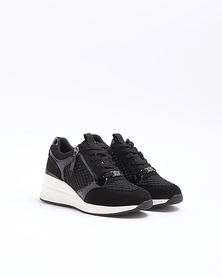 Black mesh panel zip wedge trainers