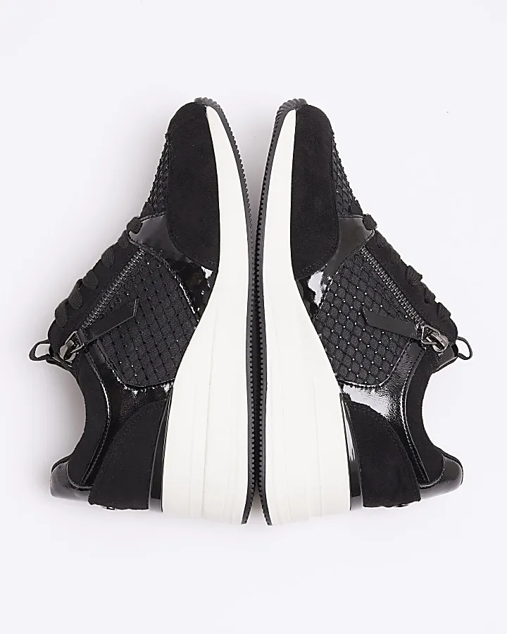 Black mesh panel zip wedge trainers