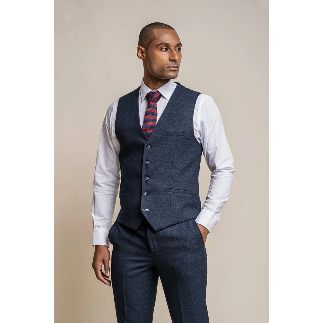 Caridi - Men's Tweed Navy Blue Waistcoat