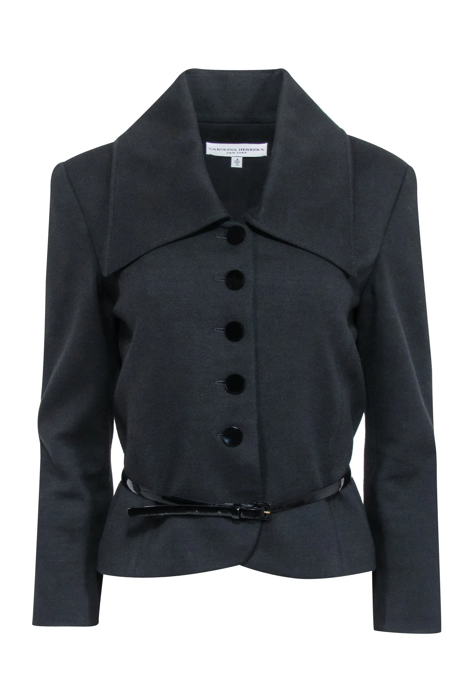 Carolina Herrera - Black Cropped Button-Up Jacket w/ Belt Sz 8