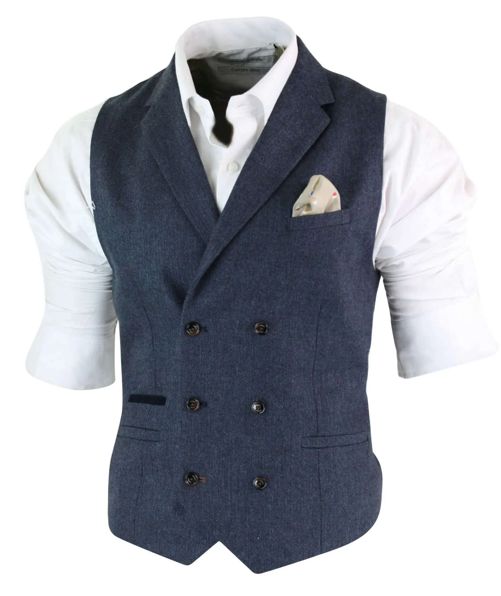 Cavani Martez - Mens Herringbone Tweed Gatsby Peaky Blinders Classic Double Breasted Waistcoat - Blue