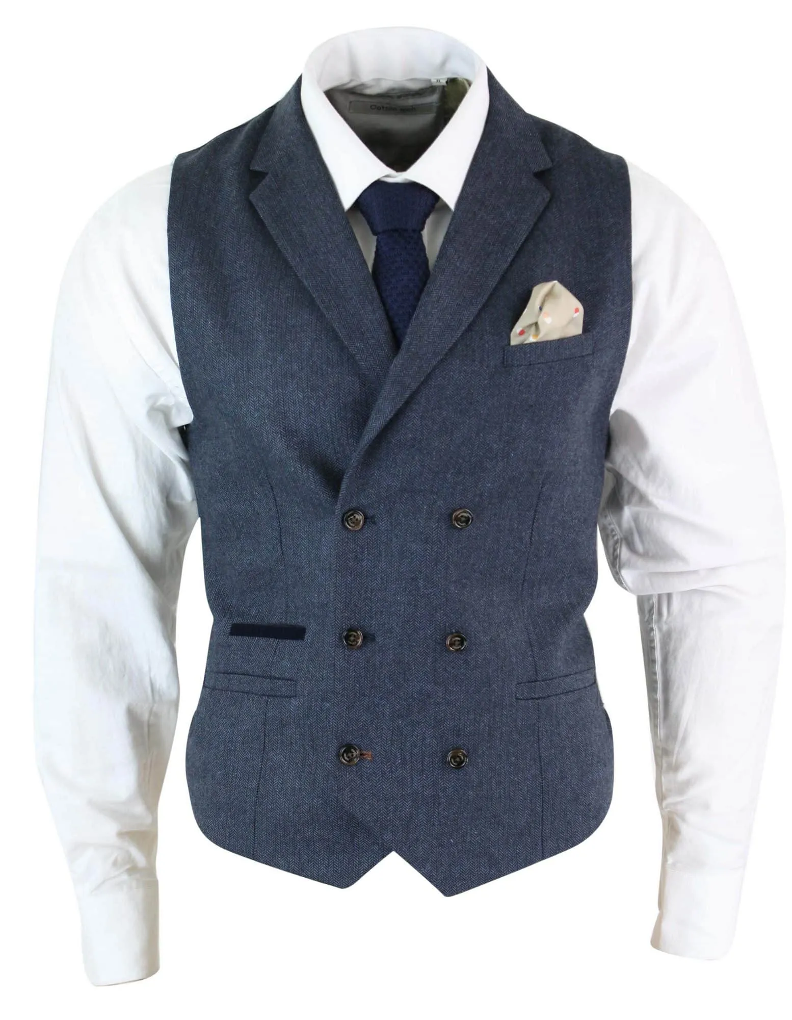 Cavani Martez - Mens Herringbone Tweed Gatsby Peaky Blinders Classic Double Breasted Waistcoat - Blue