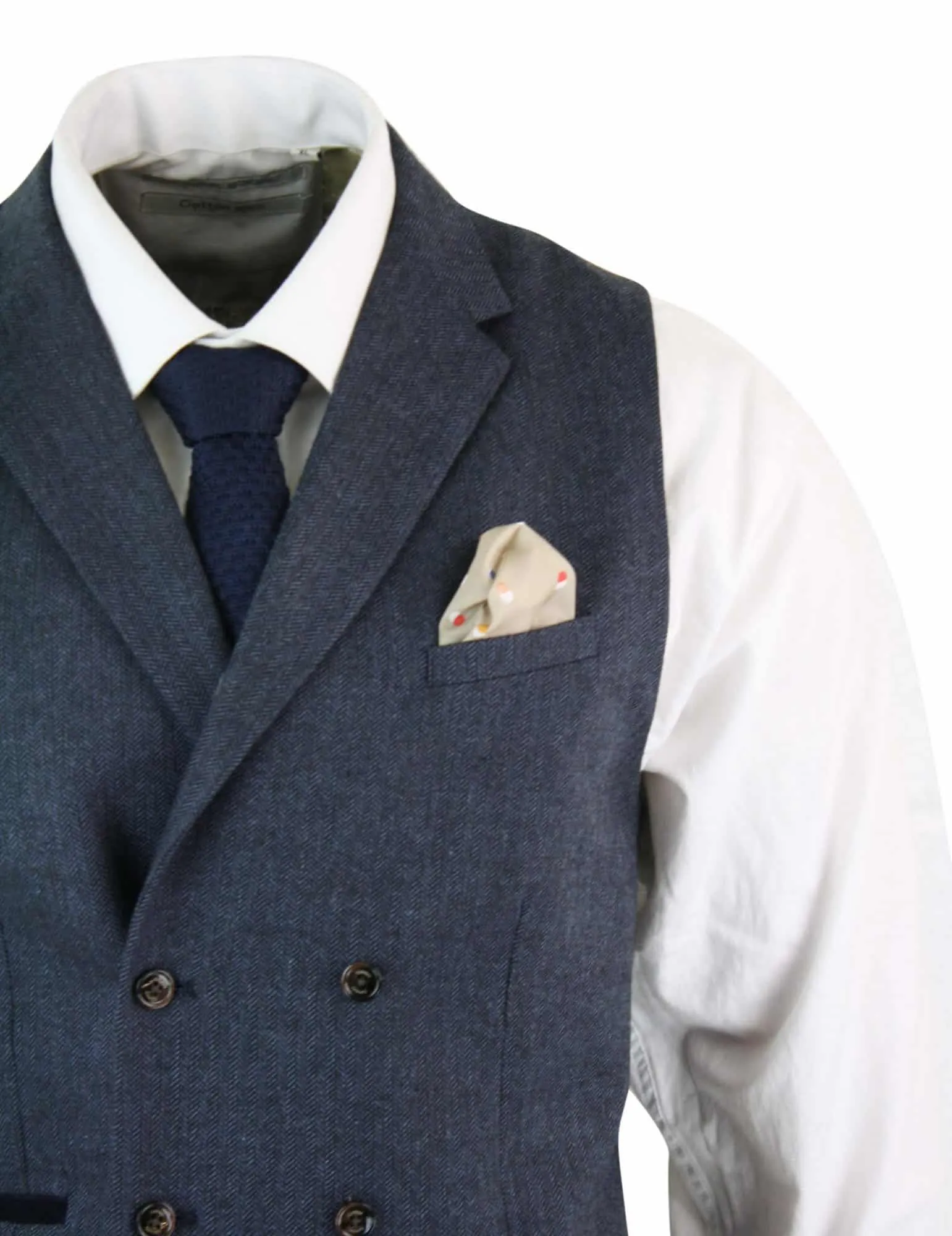 Cavani Martez - Mens Herringbone Tweed Gatsby Peaky Blinders Classic Double Breasted Waistcoat - Blue