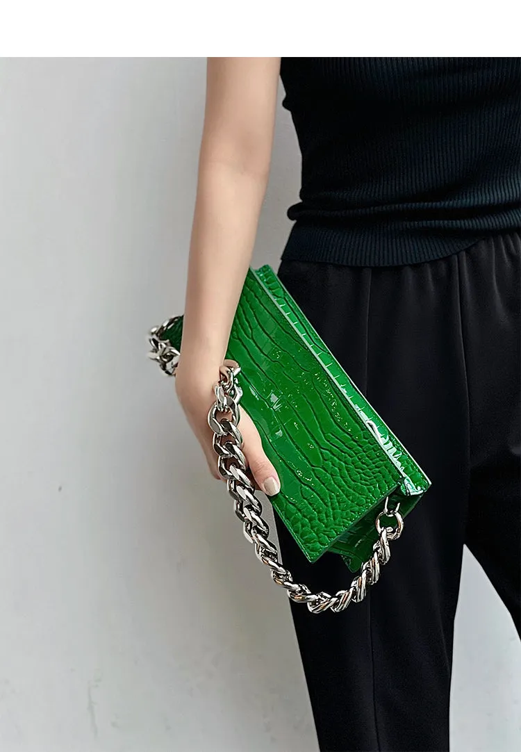 Chleo Faux Snake Skin Leather Rectangular Shaped Wide Handbag