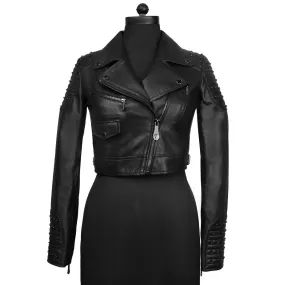 Classic Studded Black Leather Short Ladies Biker Jacket By Brune & Bareskin