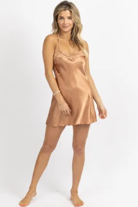 COPPER LACE SATIN OPEN BACK MINI DRESS