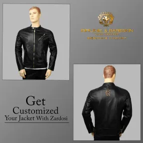 Customized CR Zardosi Initial Zip Closure Black Genuine Leather Biker Jacket by Brune & Bareskin