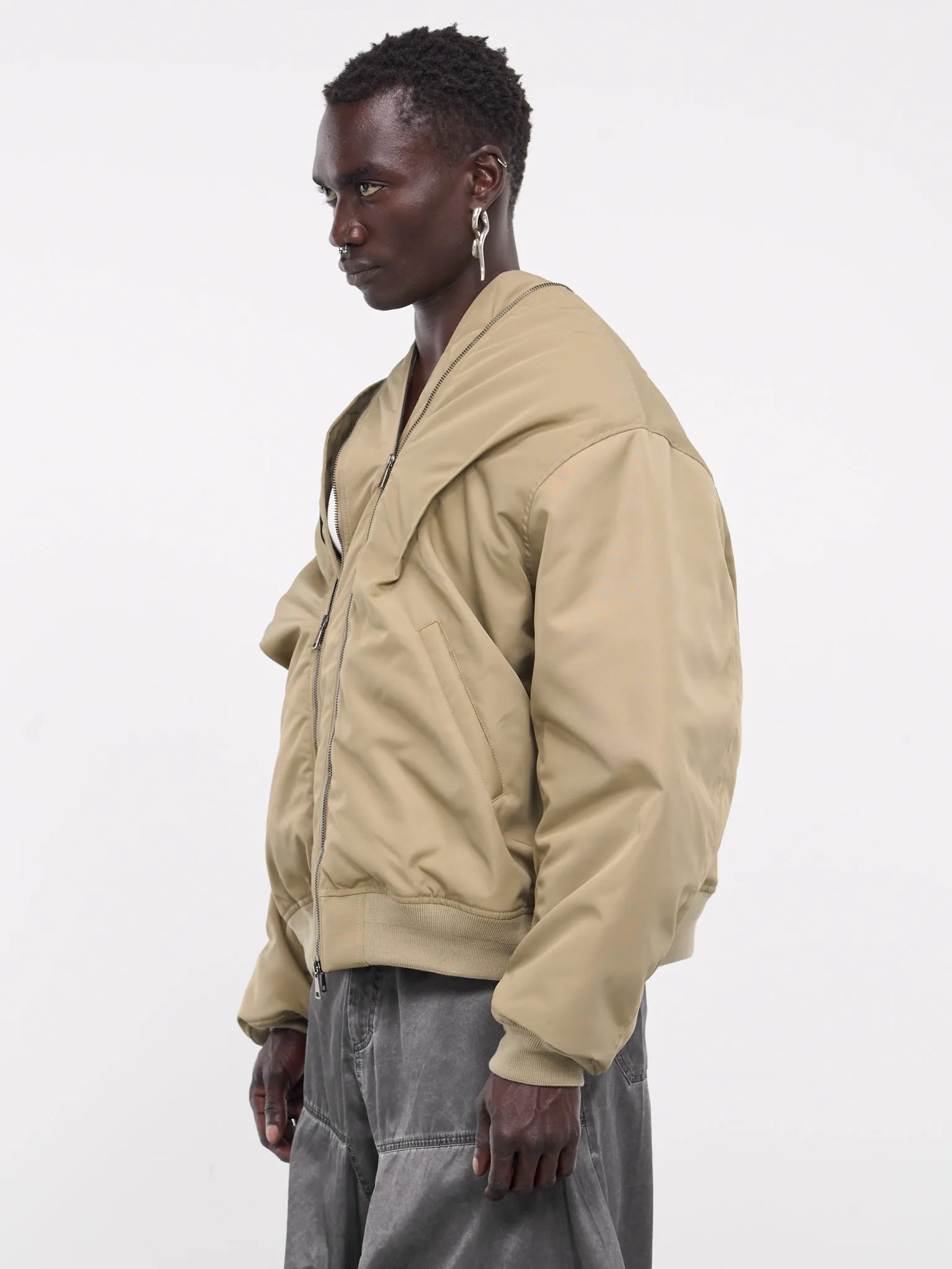 Double Zip Pinched Logo Bomber (203JA002-F493-DARK-BEIGE)