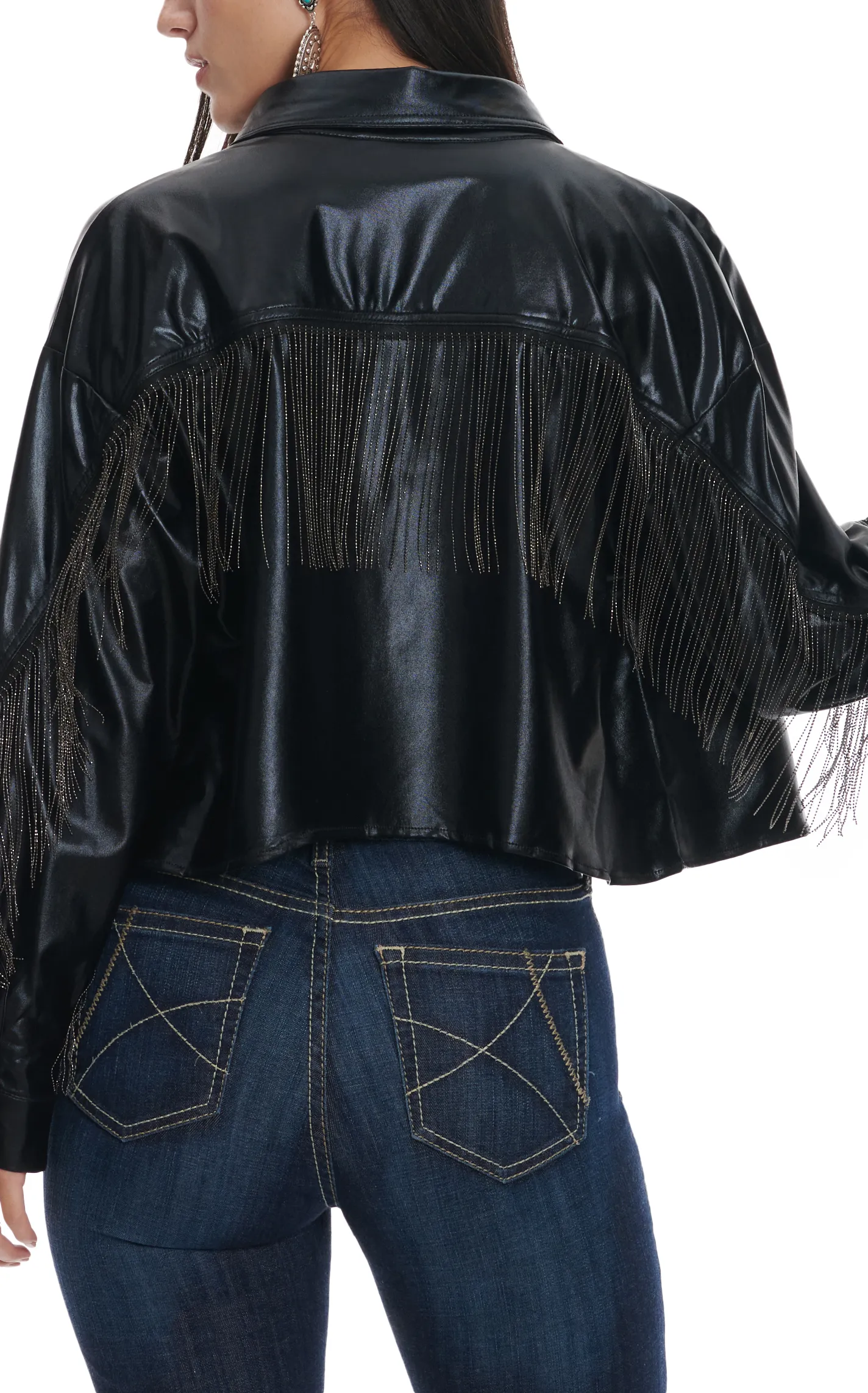 Fashion Express Women's Black Faux Leather with Chain Fringe Jacket