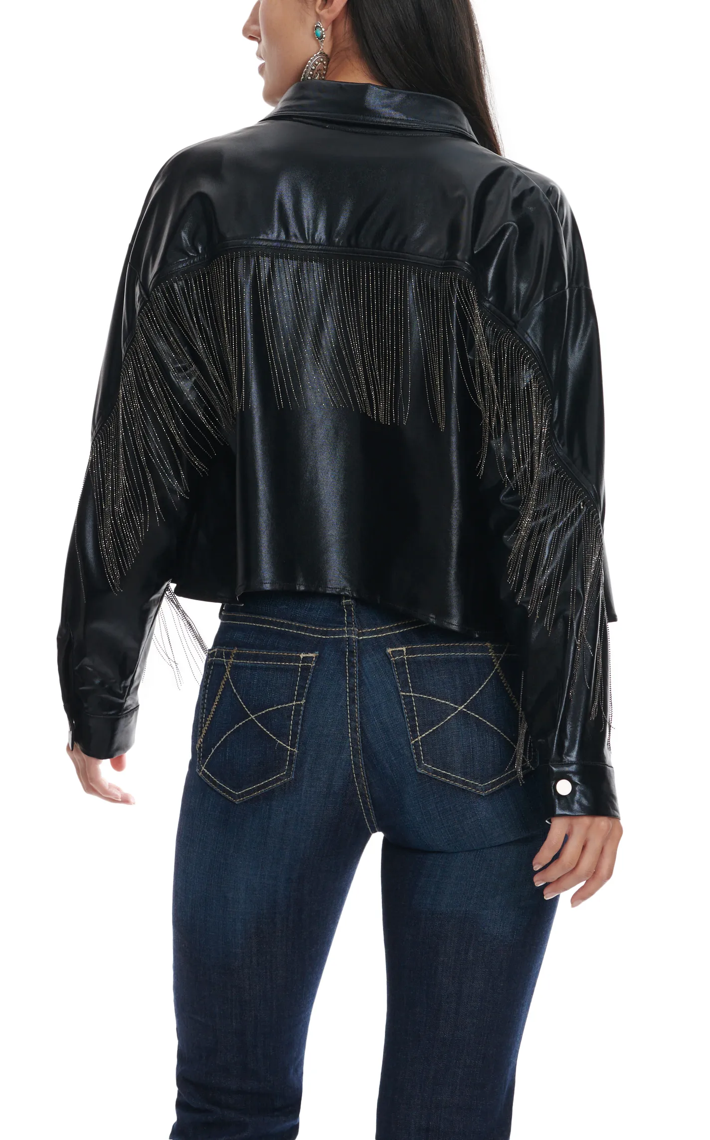 Fashion Express Women's Black Faux Leather with Chain Fringe Jacket