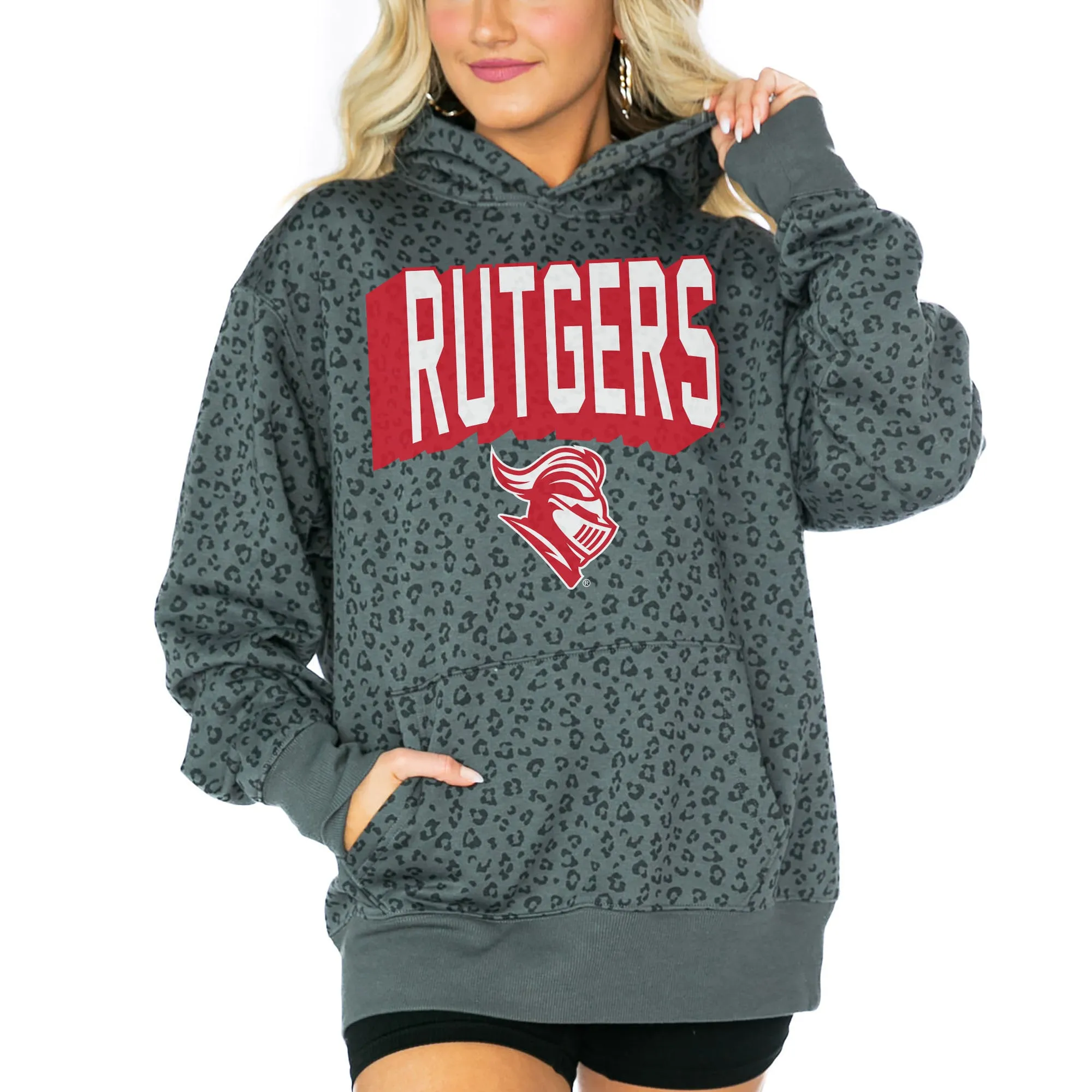 Gameday Couture  Rutgers Scarlet Knights Women's Black Running Wild Leopard Print Pullover Hoodie