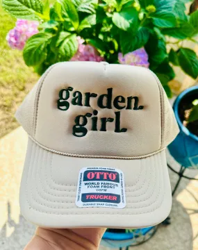 Garden Girl Khaki Embroidered Trucker Hat