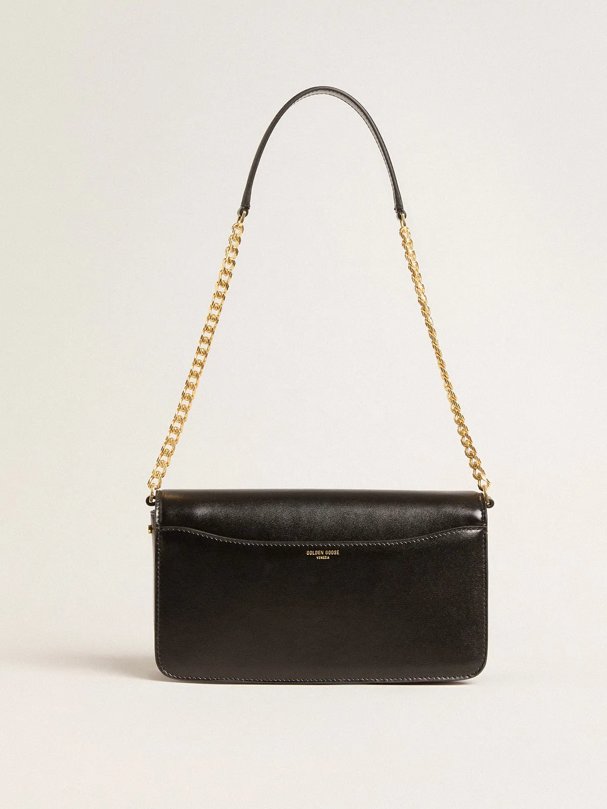 Gioia Bag in black boarded leather with gold details