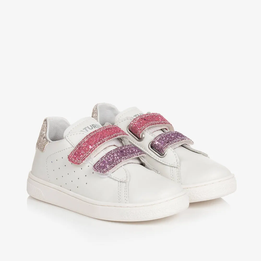 Girls White Leather Velcro Trainers