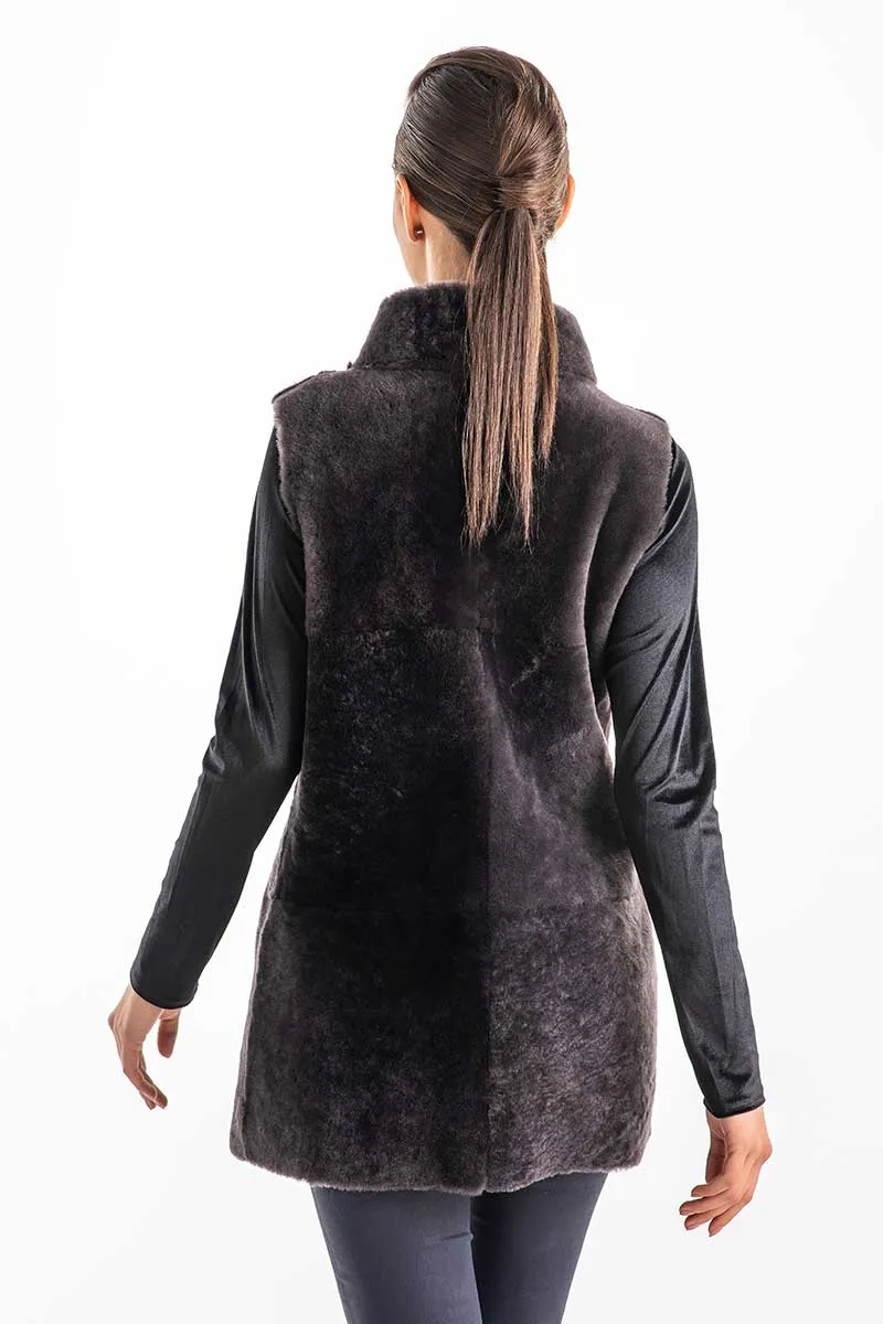 Gray Reversible Geniune Nappa Lamb Leather Mouton Fur Vest