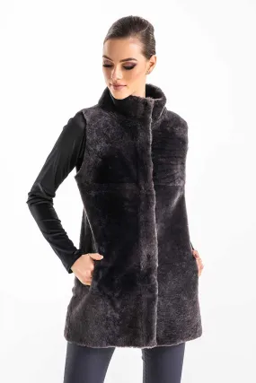 Gray Reversible Geniune Nappa Lamb Leather Mouton Fur Vest