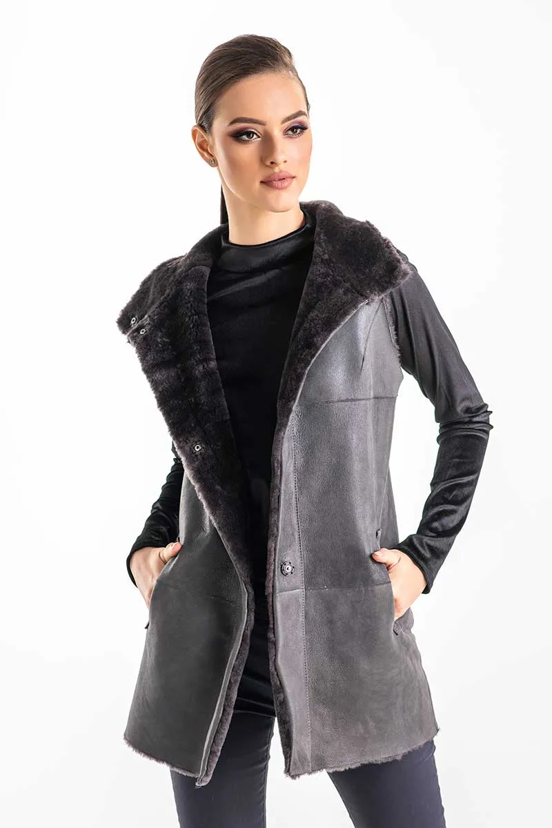 Gray Reversible Geniune Nappa Lamb Leather Mouton Fur Vest