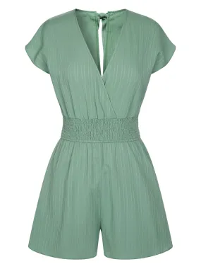 Green 1950s V-Neck Smocked Cap Sleeves Romper