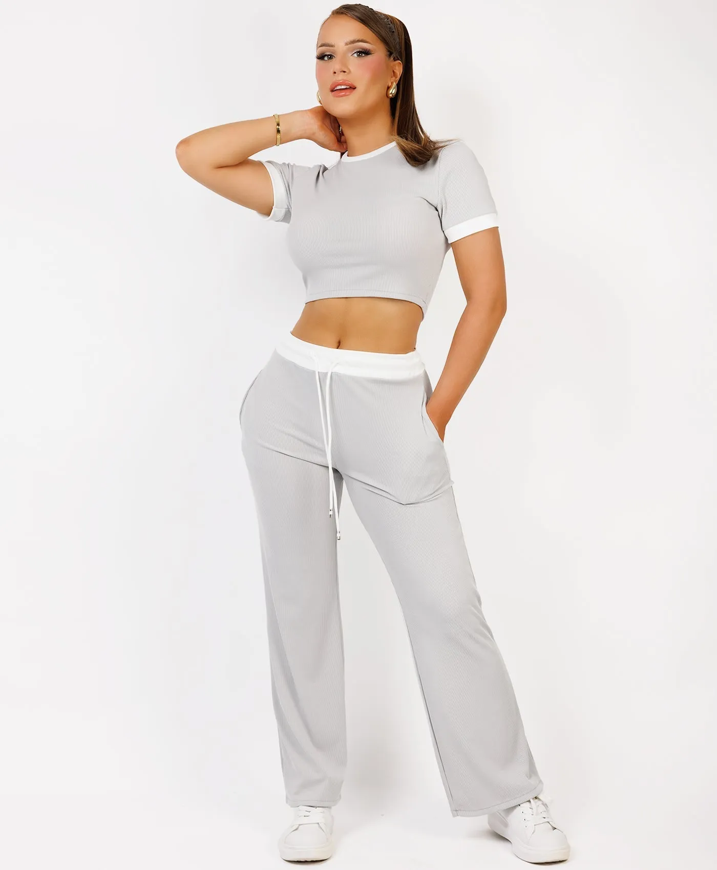 Grey Wide Leg Trousers and Ribbed Top Loungewear Set