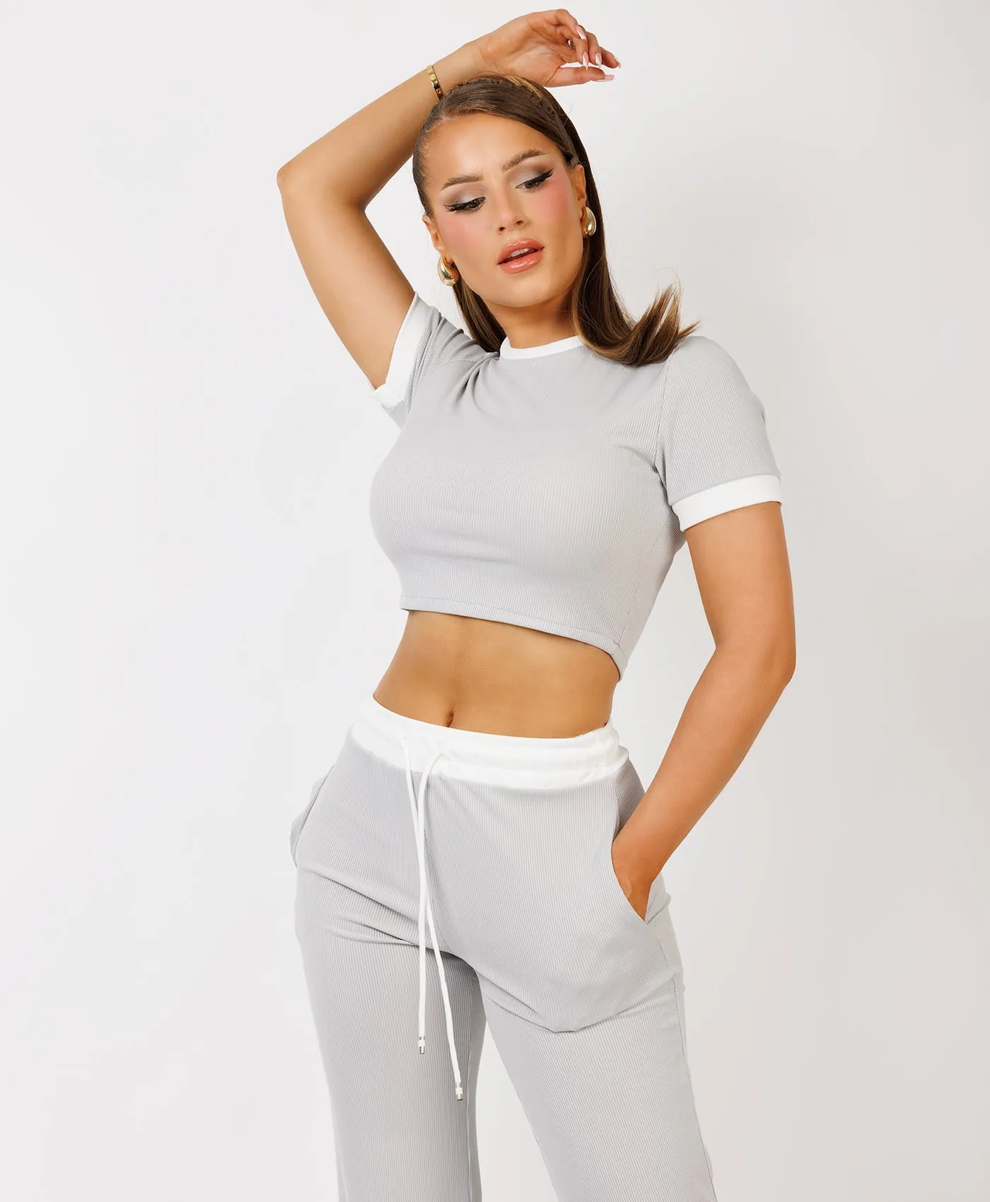 Grey Wide Leg Trousers and Ribbed Top Loungewear Set