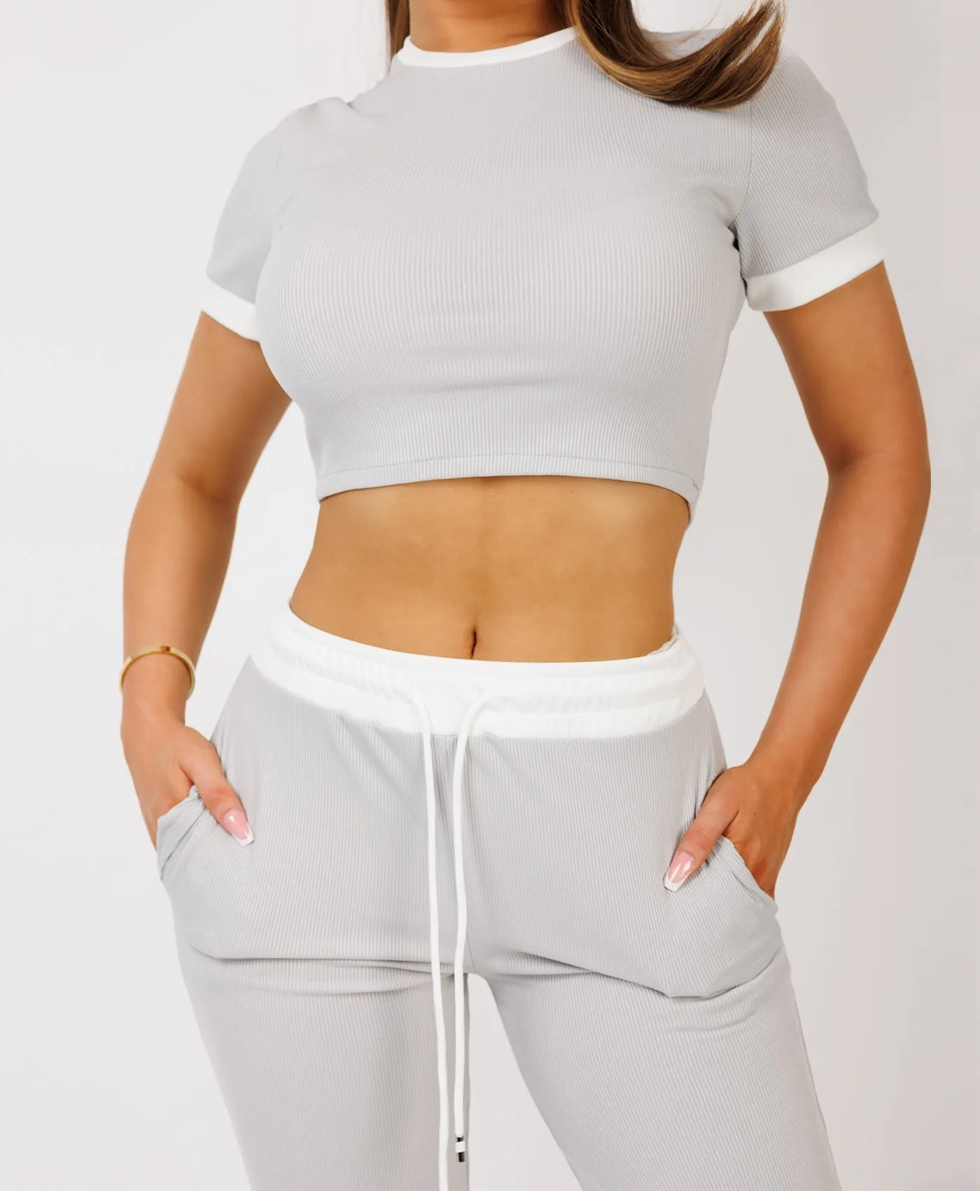 Grey Wide Leg Trousers and Ribbed Top Loungewear Set