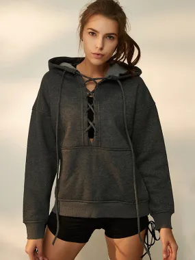 Hoodie For Woman Gray Long Sleeves Lace Up Cotton Hooded Sweatshirt