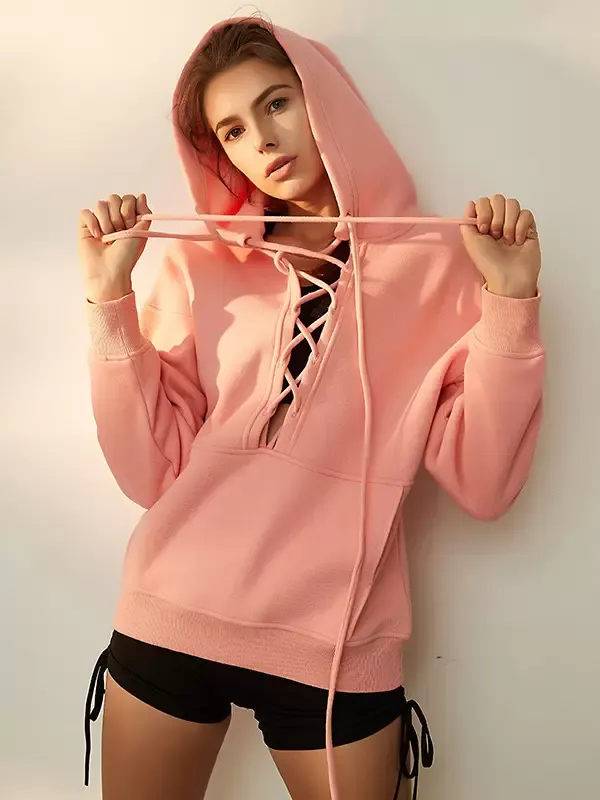 Hoodie For Woman Gray Long Sleeves Lace Up Cotton Hooded Sweatshirt