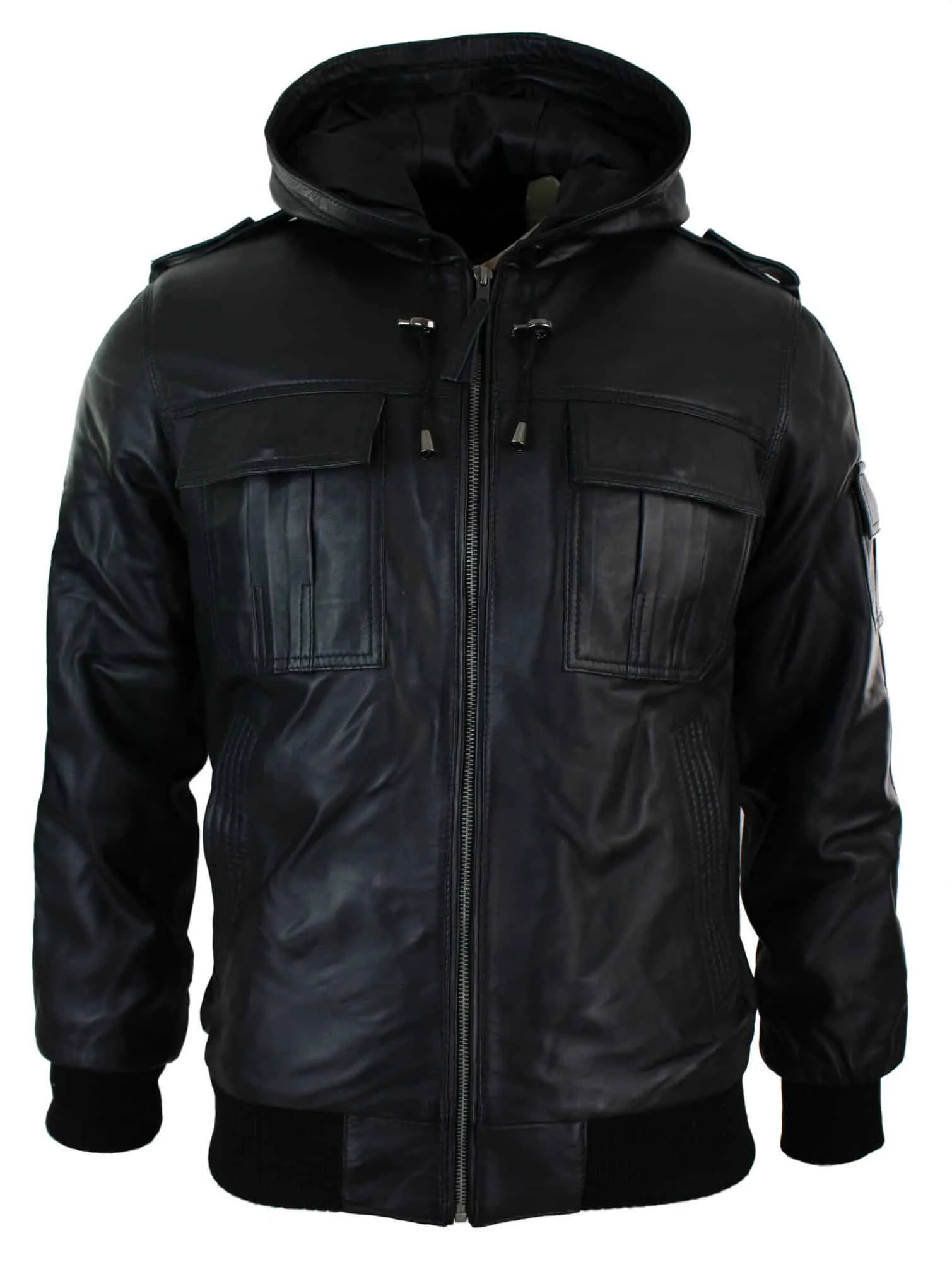 Infinity 661 Mens Real Napa LeatherJacket Hooded Black Slim Fit Bomber