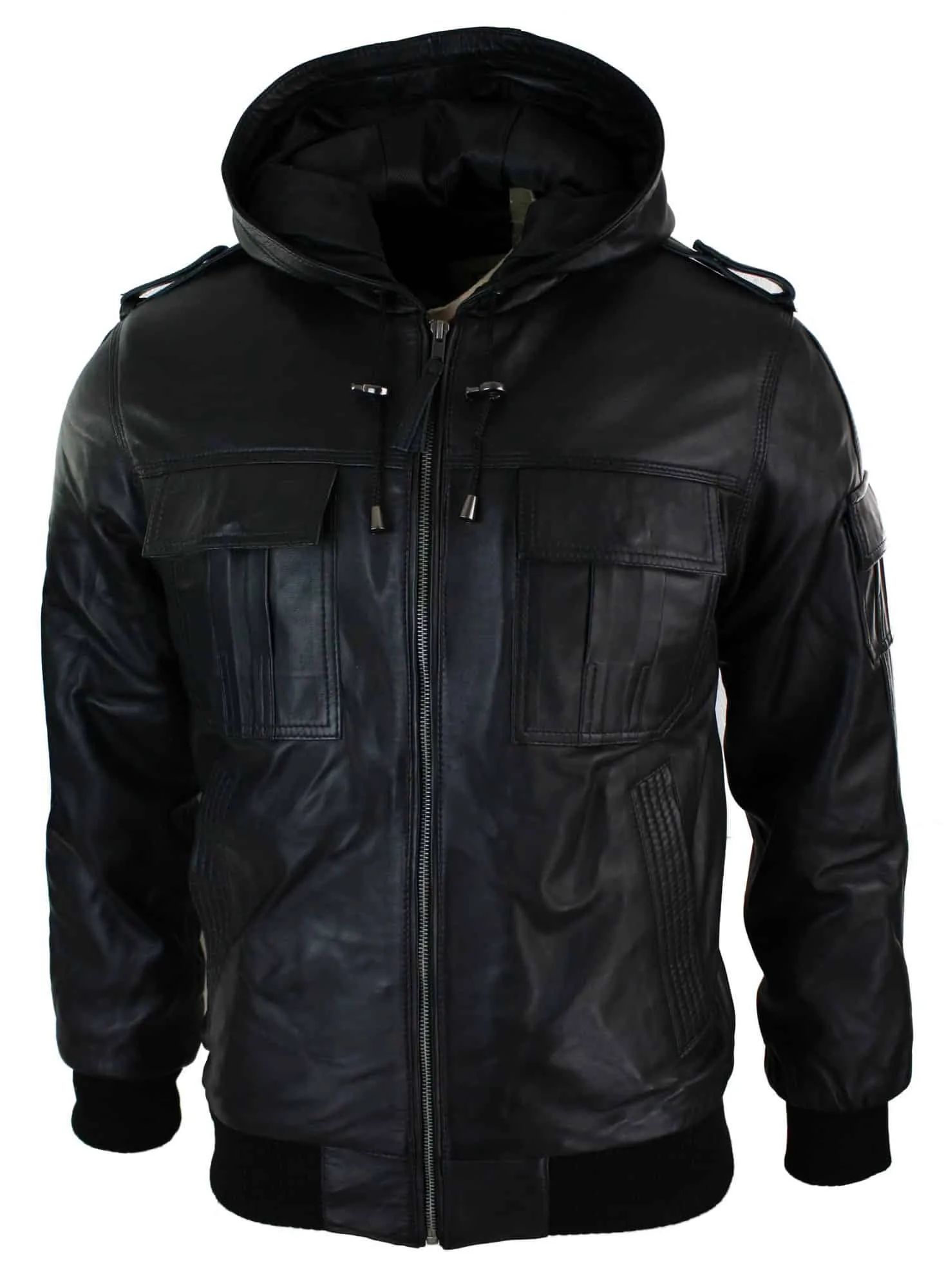 Infinity 661 Mens Real Napa LeatherJacket Hooded Black Slim Fit Bomber