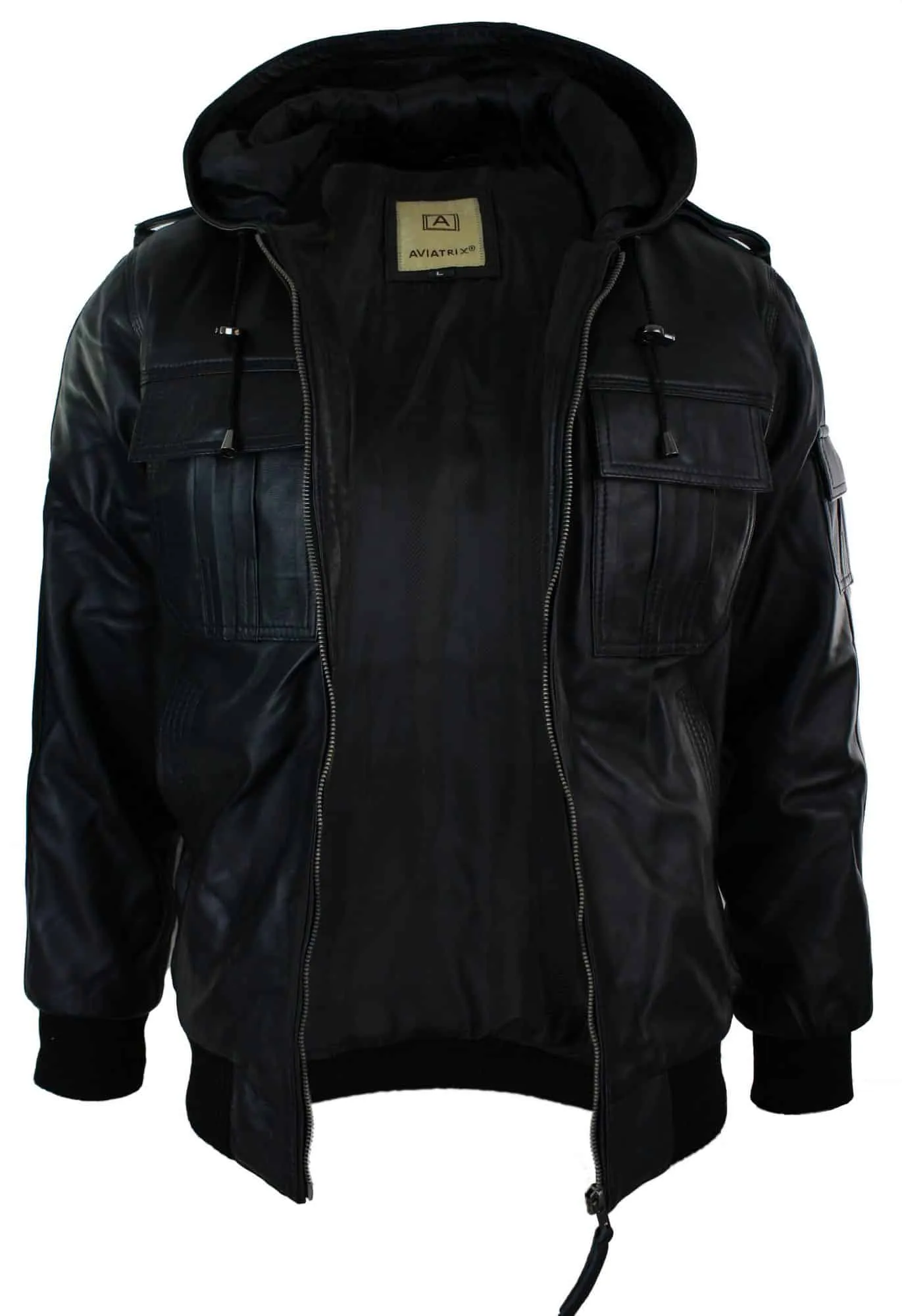 Infinity 661 Mens Real Napa LeatherJacket Hooded Black Slim Fit Bomber