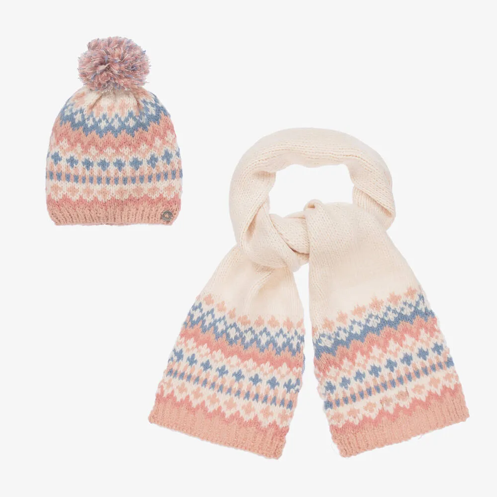 Ivory & Pink Knitted Hat Set