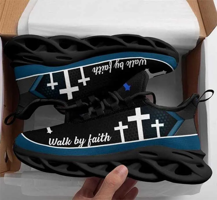 Jesus Christian Cross Walk By Faith Religious Blue Black Clunky Sneakers