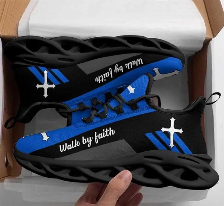 Jesus Christian Cross Walk By Faith Religious Blue Lines Clunky Sneakers