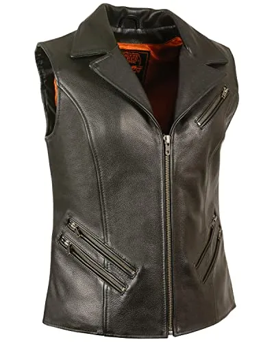 Ladies Black Leather Zipper Front Vest w/Motorcycle Lapel Collar - Horizon Leathers