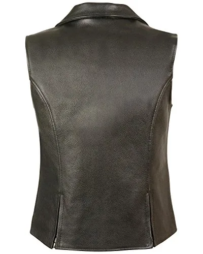 Ladies Black Leather Zipper Front Vest w/Motorcycle Lapel Collar - Horizon Leathers