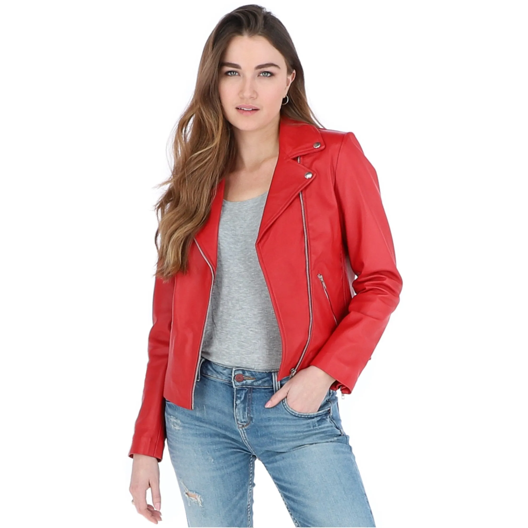 Ladies Leather Biker Jacket Red: G-Celia22